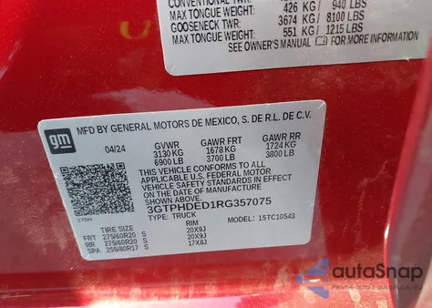 2024 GMC Sierra 1500 2Wd Short Box Slt z USA, uszkodzony, nr VIN 3GTPHDED1RG357075